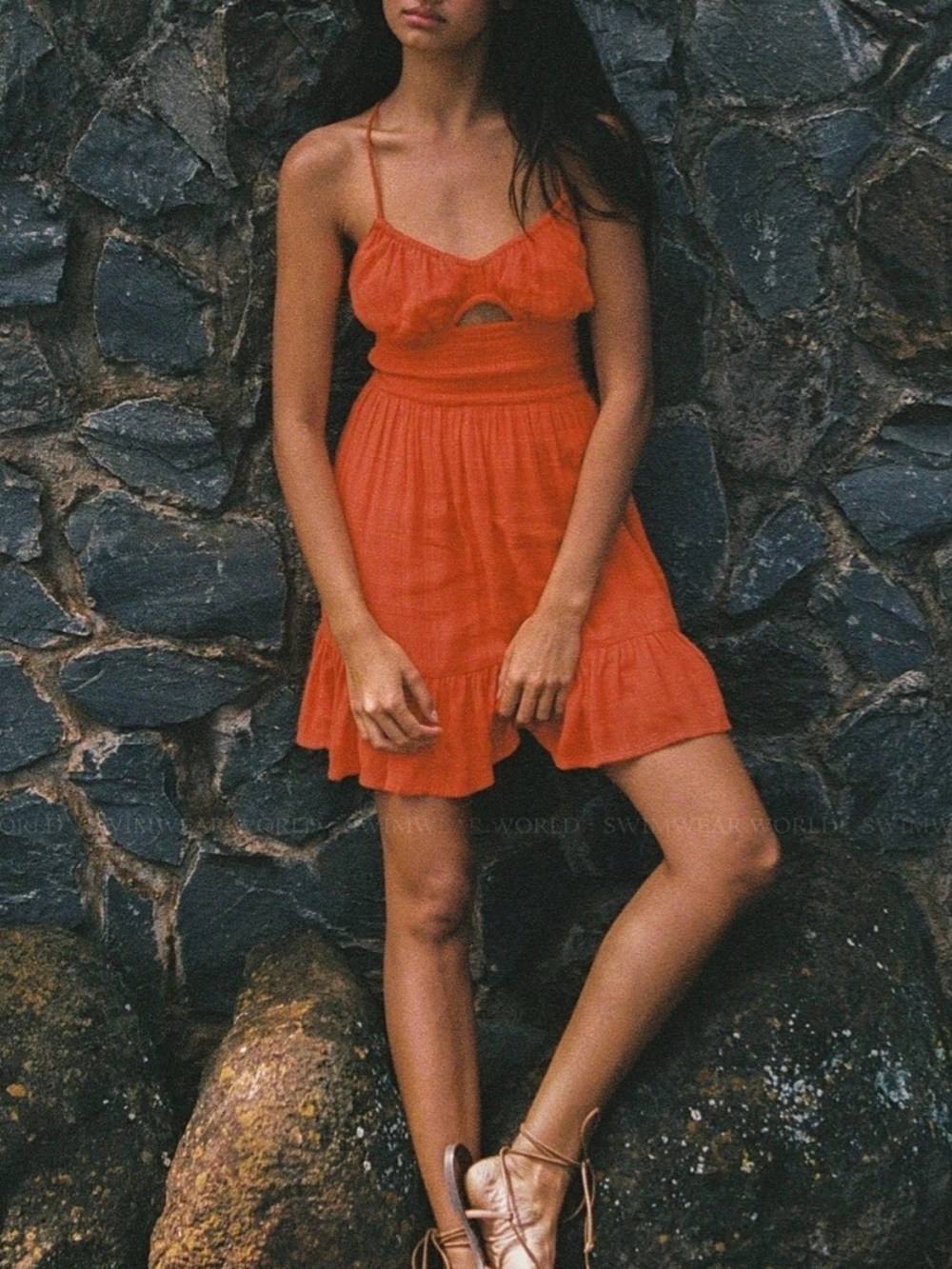 l*space Orange Ruffle Tie-Back Mini Dress